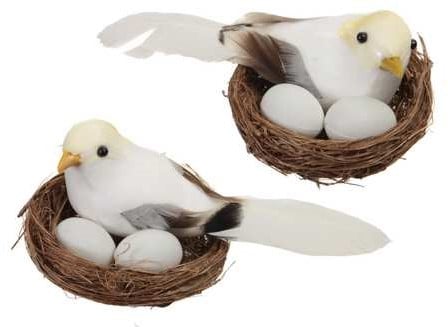 Vogelnestjes met 1 vogel en 2 eitjes Wit Pastelgeel 7.5 cm doos 6 stuks