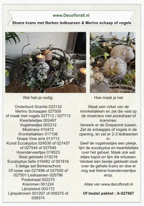 Stoere krans met Berken ledkaarsen & Merino schaap of vogels Stel zelf je pakket samen 