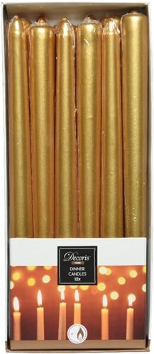 [A-027084] Kaarsen Dinner Wax Metallic Goud 25 cm Ø2,15 doos 12 stuks