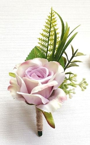 [A-024475] Luxe Corsage Zijden Roos Lila Roze Groen Boutonnière op pinclip met speld