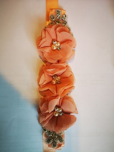 [A-024600] Bruidsriem Weddingbelt Peach Chiffon strass parels satijn