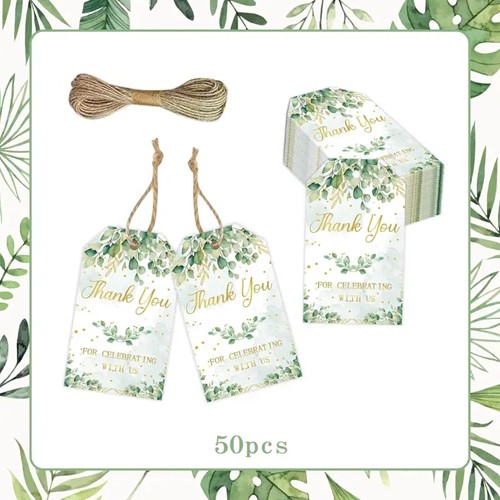 [A-027407] Bloemenkaartjes Thank you for celebrating Groen, Groen Leaves set 50st cadeaulabels met touwtje