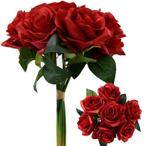 [A-024718] Valentijnboeketje Zijden Roos Warmrood Velvet Touch Open 7 stuks Bundel