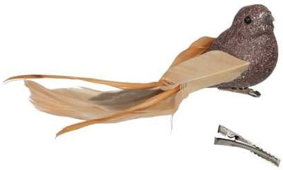 [A-027135] Champagne bruine vogeltjes glitter met clip 16x4 cm 4 stuks