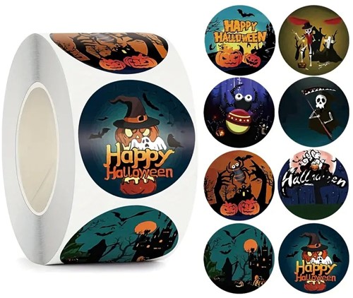 [A-027095] Sluitstickers Happy halloween pompoen rond etiket 2,5 cm rol 500 labels