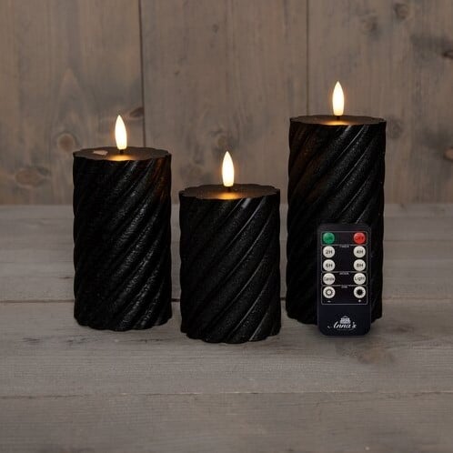 [A-027240] LEDkaars 3D Flame Wax Candle Swirl Zwart Anna's Collection met afstandsbediening 7,5x10/12,5/15 cm 3 stuks