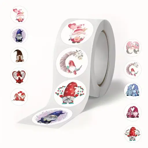 [A-027834] Sluitstickers Kerstetiketten Gnome Love Edition rond etiket 2,5 cm rol 500 labels  