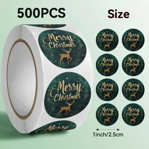 [A-027835] Sluitstickers Kerstetiketten Merry Christmas Gouden Rendier rond etiket 2,5 cm rol 500 labels 