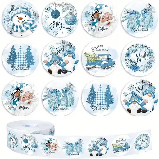 [A-027852] Sluitstickers kerstetiketten Kerststickers Winterblauw rond etiket 2,5 cm rol 500 labels