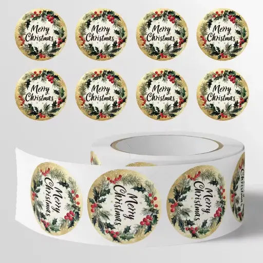 [A-027860] Sluitstickers kerstetiketten Merry Christmas Hulstblad rond etiket 2,5 cm rol 500 labels 